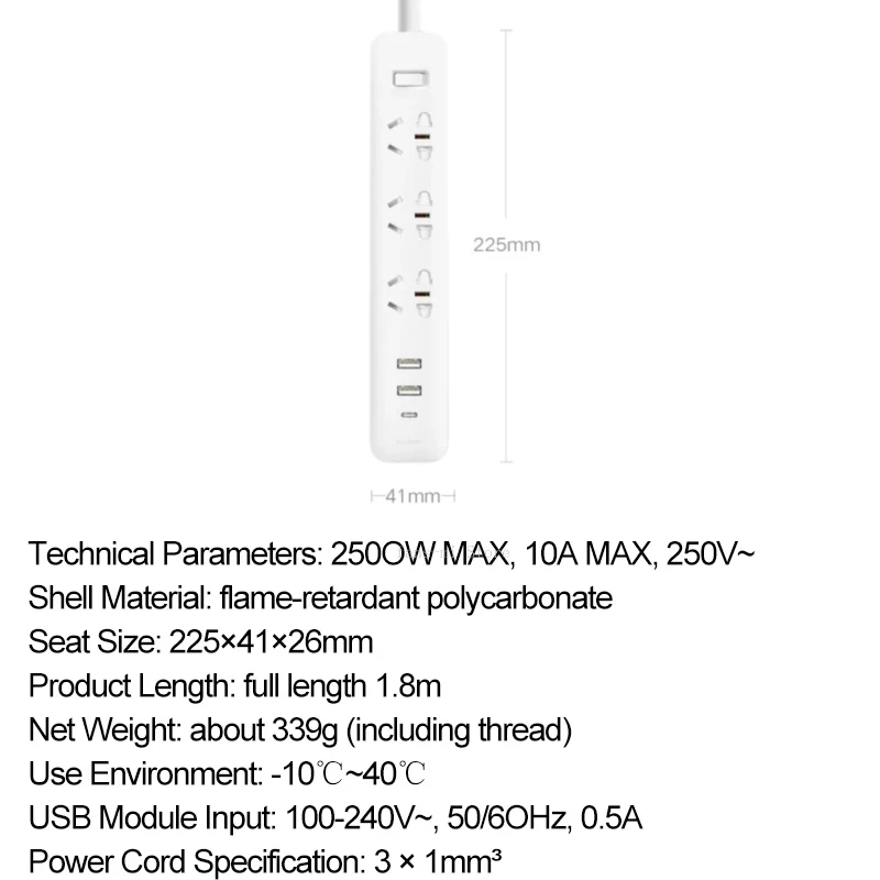 New Xiaomi Socket Mi Mijia 20W Fast Charging Power Strip 2A1C 3 Sockets Standard Plug Interface Extension Lead 1.8m