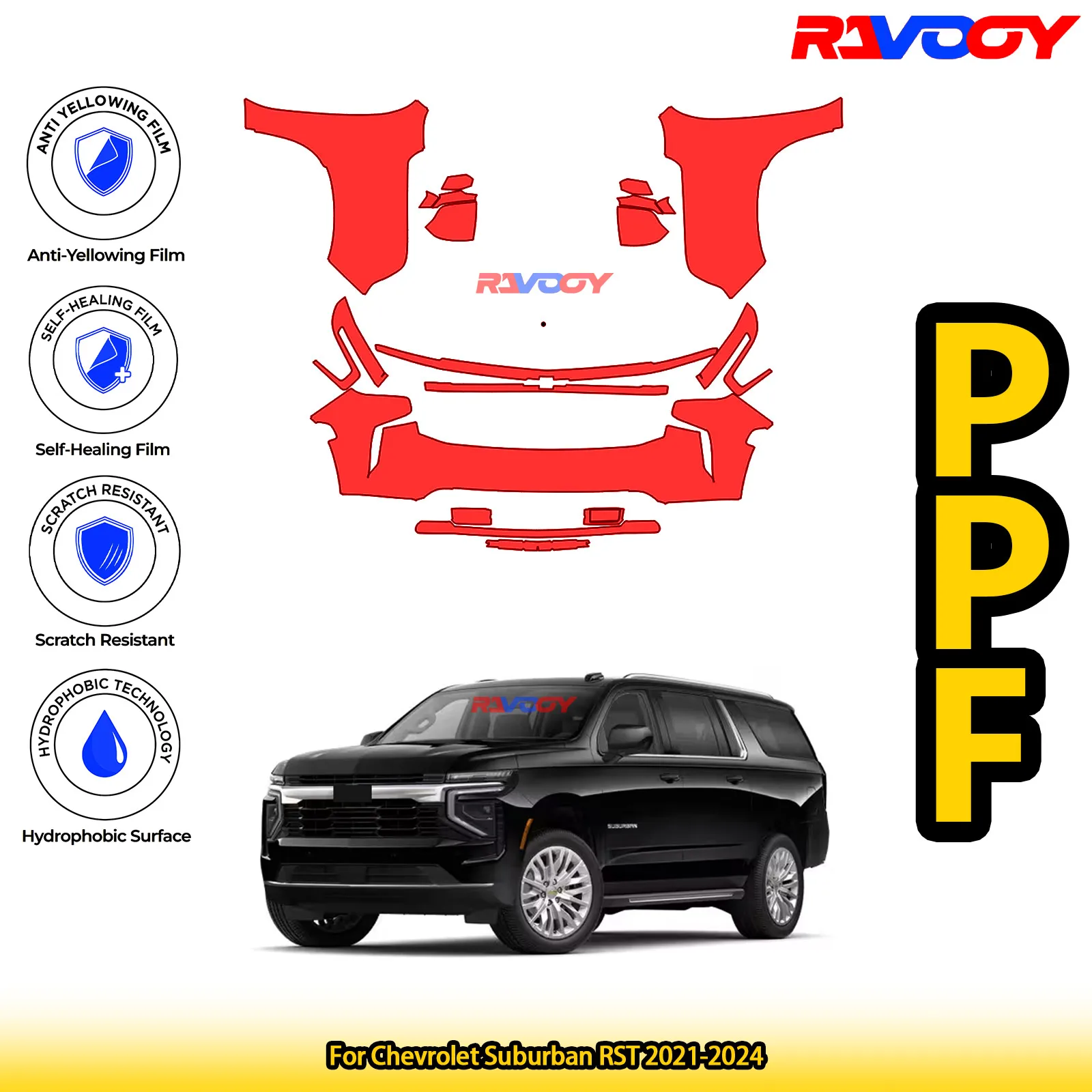 

For Chevrolet Suburban RST 2021-2024 Glossy Matte Black Precut front PPF Kit Paint Protection Film