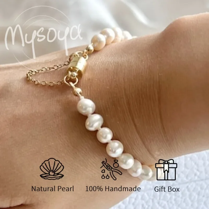 

MYSOYA браслет с белым пресноводным жемчугом 6-7 мм с подарочной коробкой для нее/него дня рождения/свадьбы/Рождества/новогоднего подарка