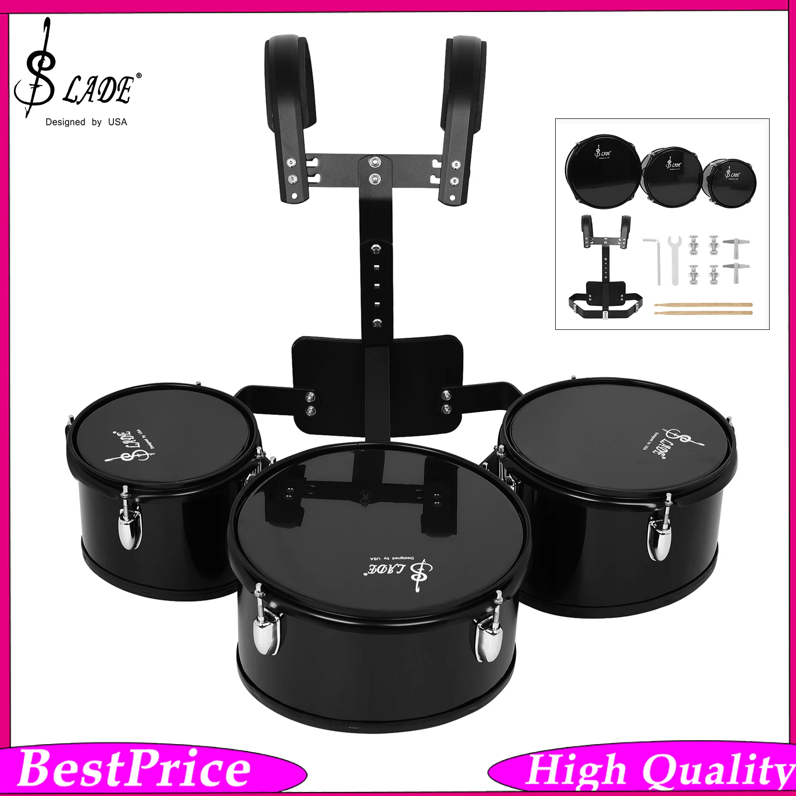 SLADE Marching Drum Set Triple Metal Solid Wood Marching Drum Multi Joint Drum Percussion Instrument for Parades Performance