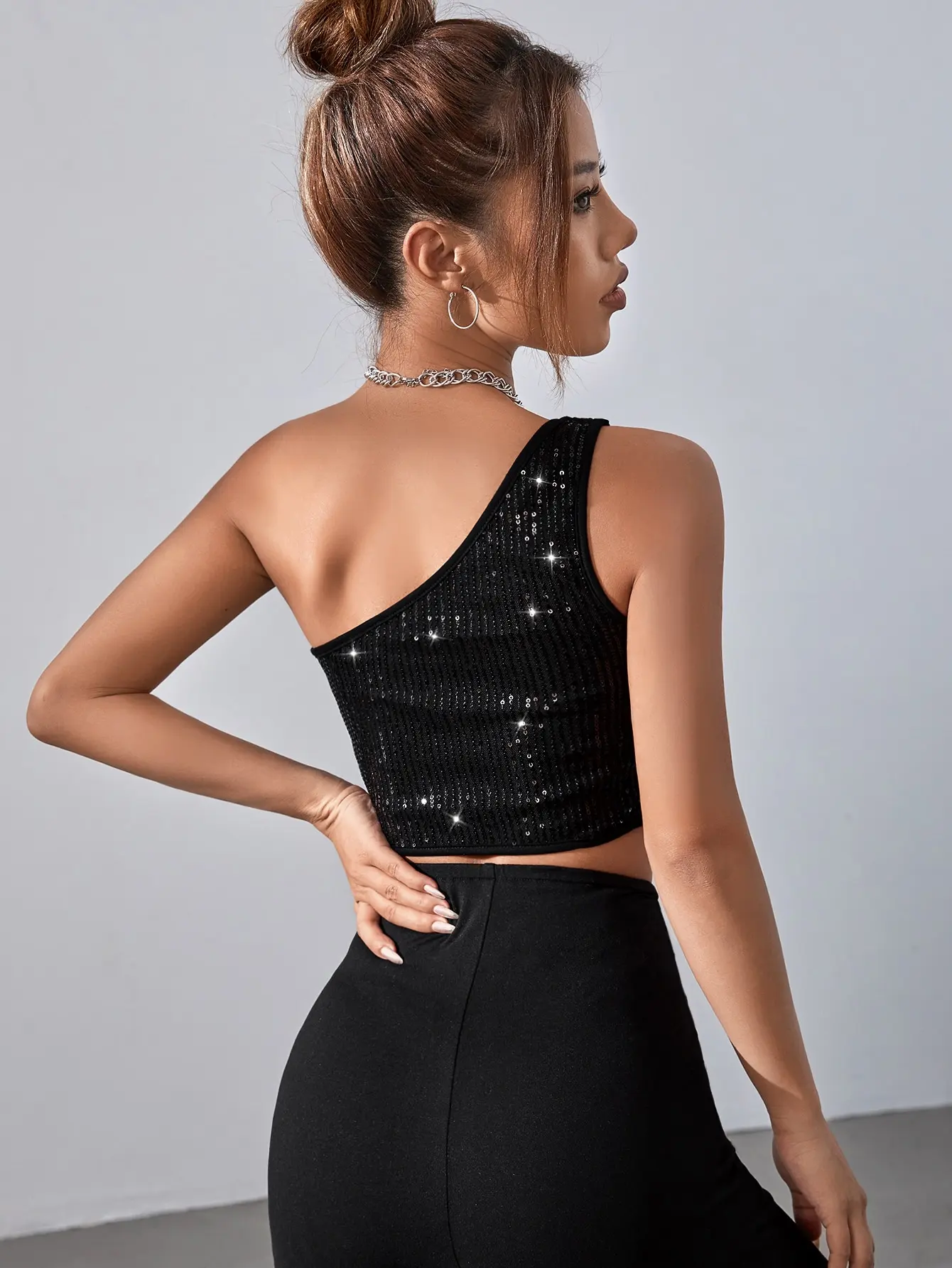 Women's One Shoulder Black Sequin Crop Tops Sparkle Holiday Party Dance Bling shimmer Rave Clothing Festival Outfits