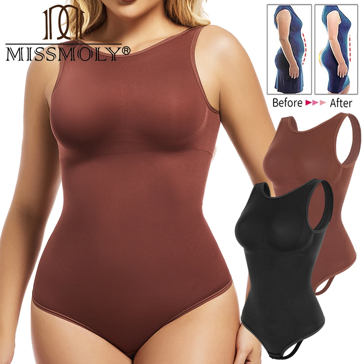 MISSMOLY Women Body Shaper Round Neck Backless Tank Tops Waist Trainer Tummy Control Shapewear Thong Butt Lifter Bodysuits