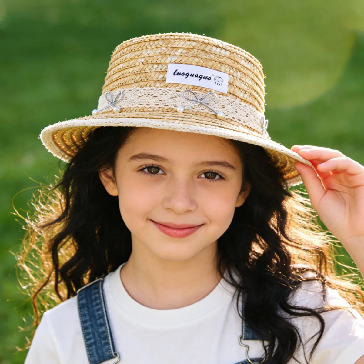 Sommerhut für Mädchen im französisch-britischen Stil aus Weizenstroh mit Spitze, flacher Krempe, eleganter UV-Schutz, Sonnenhut für Outdoor-Aktivitäten – Detail 4