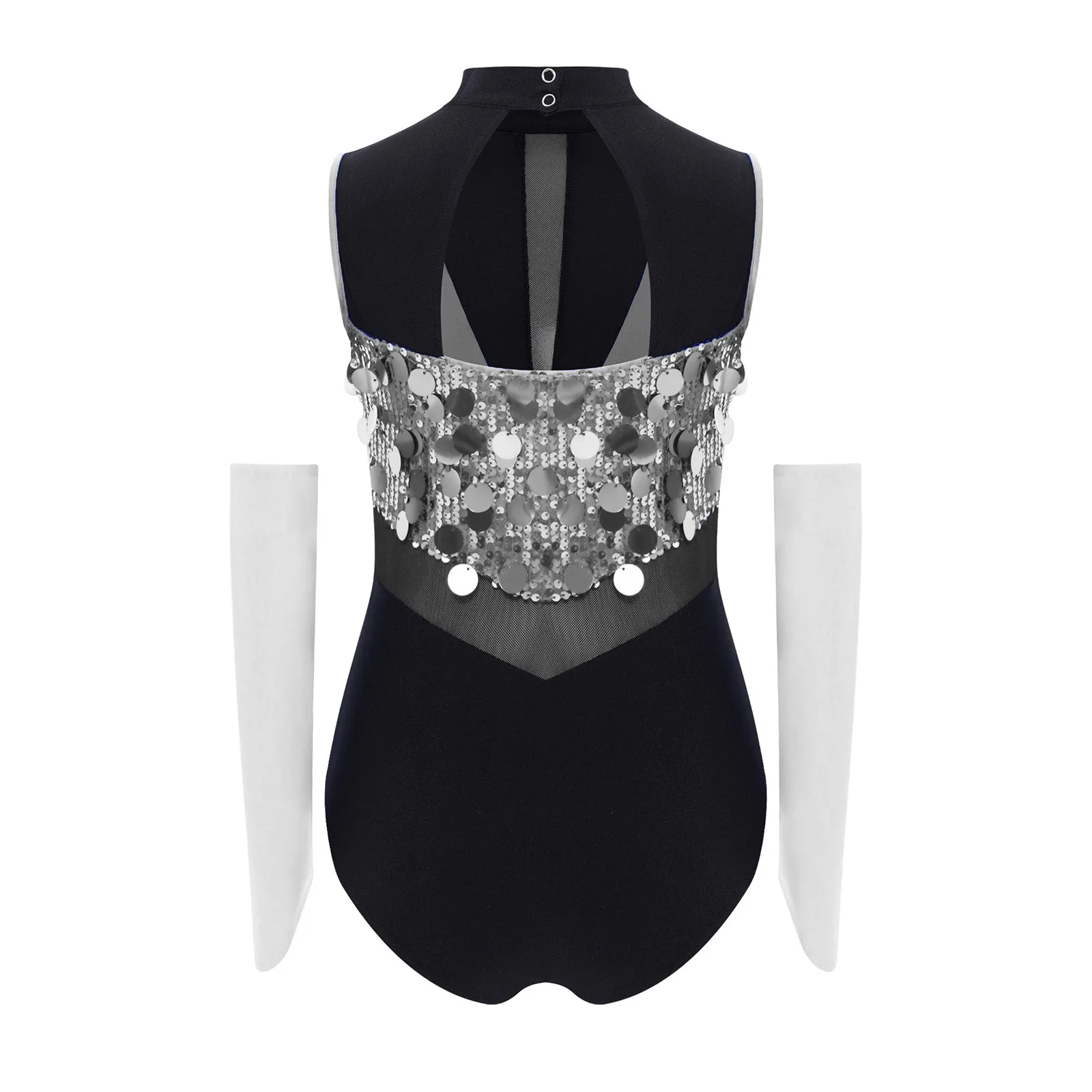 Kinder Mädchen Jazz Latin Dance Trikot Gymnastik Performance Outfit Ärmellos Ausschnitt Farbblock Glänzende Pailletten Body + Handschuhe