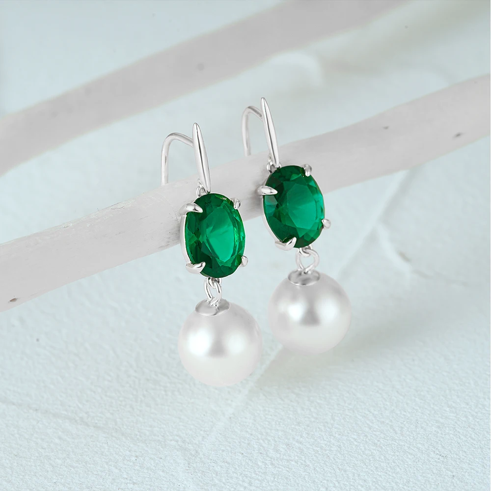 CANNER  925 Sterling Silver Emerald Pearl Drop  Earrings For Women Zircon 18K Gold Fine Jewelry Party Gifts Classic Pendientes