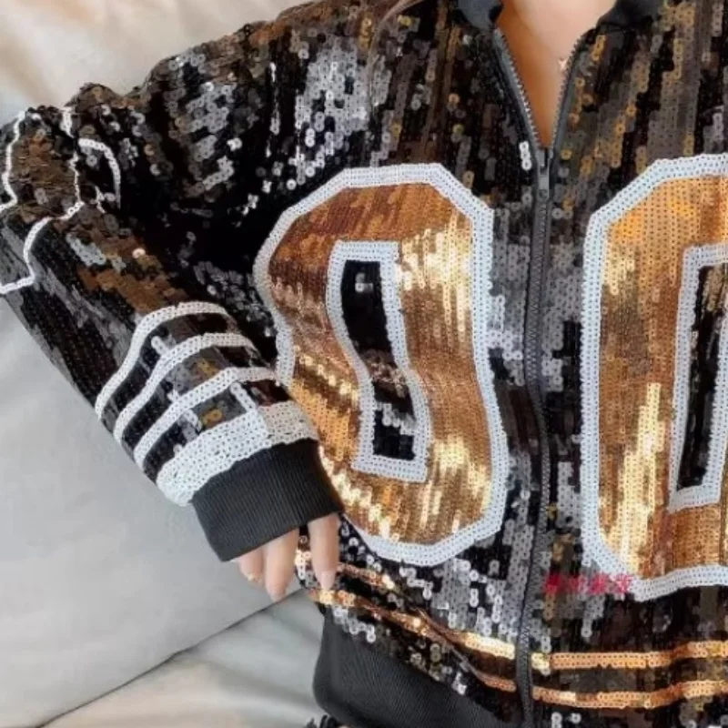 

Autumn New Digit Patchwork Color Long Sleeve Sequins Stand Collar Streetwear Jackets Night Club Hip Hop Loose Women's Coats