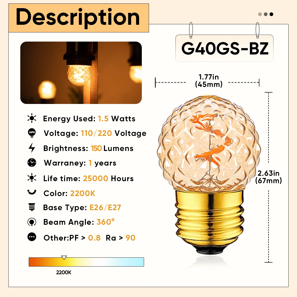 Imagem -03 - Lâmpada Led Regulável para Decoração de Casa Diamante de Gelo Âmbar Branco Quente Pingente Substituível G40 E27 220v 110v E26 1.5w 2200k