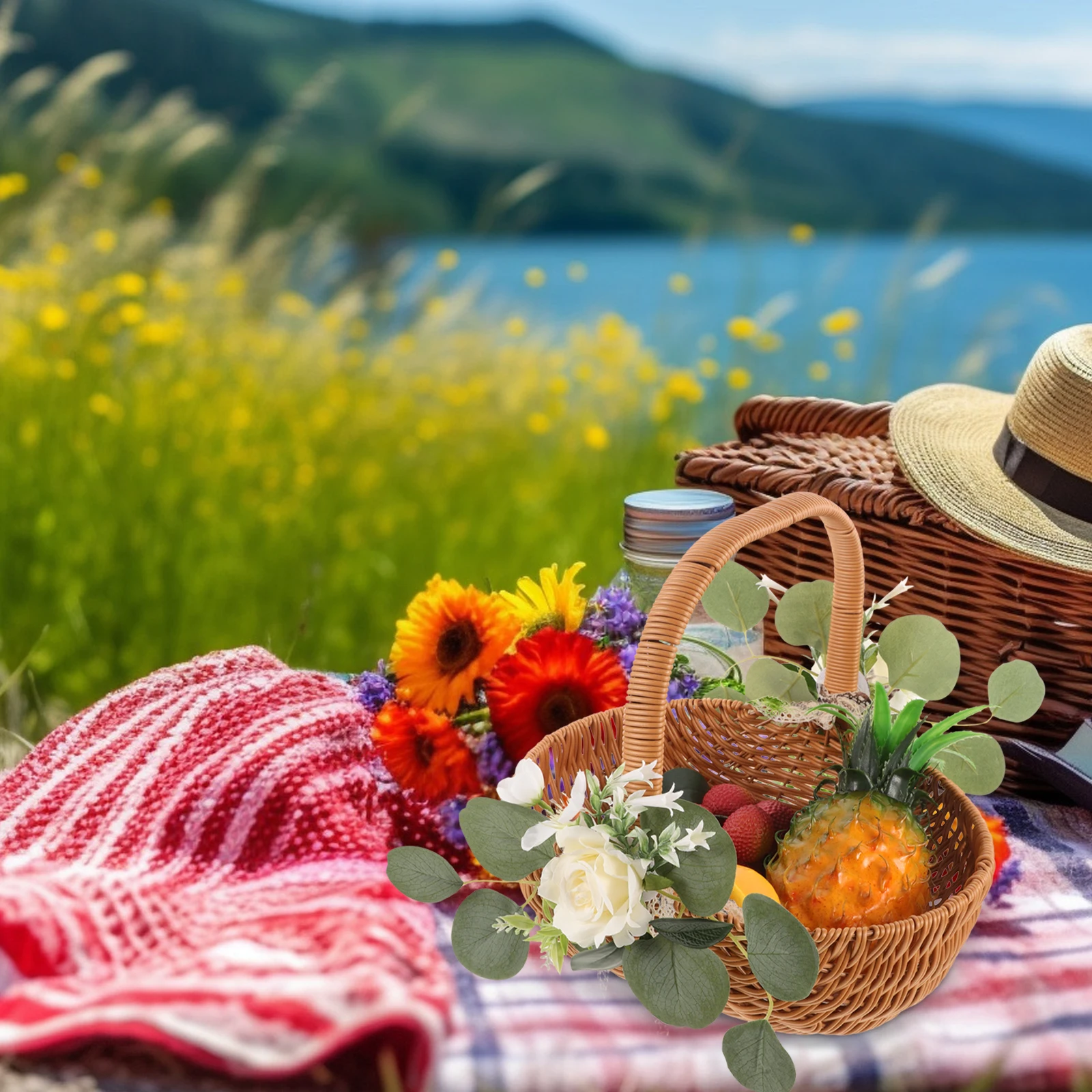 

Imitation Rattan Woven Basket Sturdy Storage Picnic Fruit Picking Handheld DecorativeVintage Egg Flower Daily Use