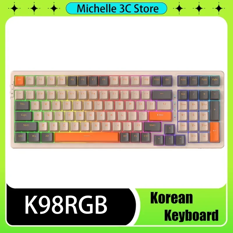 teclado mecanico com letras coreanas de tres modos e troca quente para jogos a prova dagua tres dispositivos com teclado ligado k98rgb 01