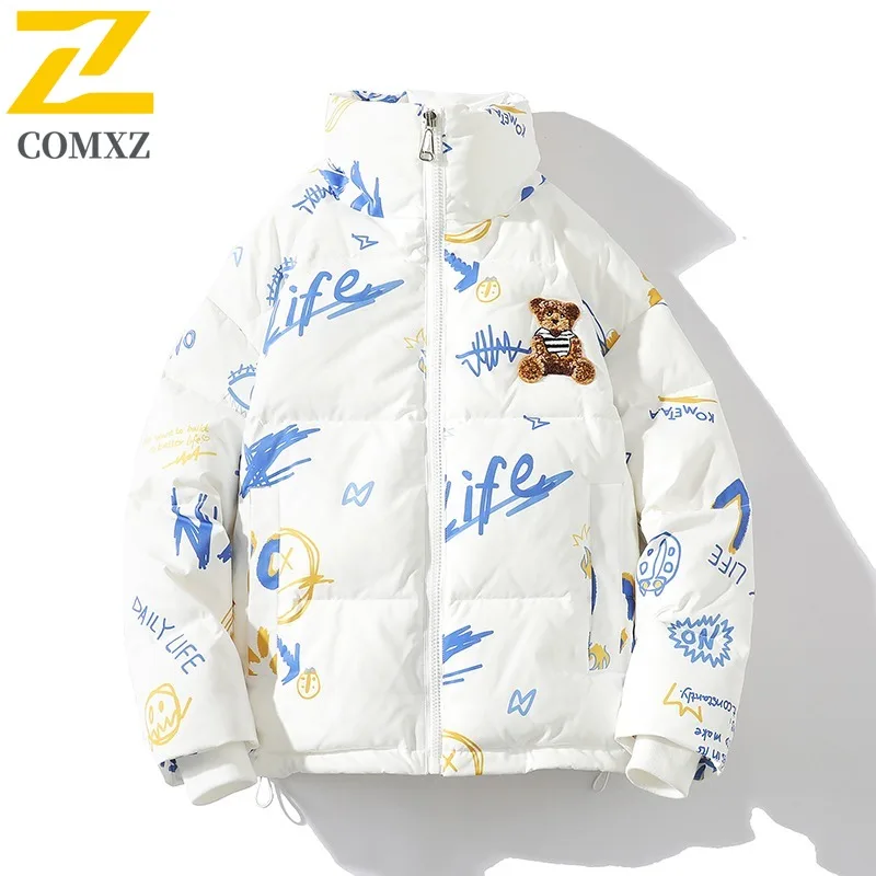 COMXZ Winter Jackets Thick Warm Graffiti Loose Travel Puffer Jacket Lightweight Snowy 90% White Duck Down Jacket Men's Clothing