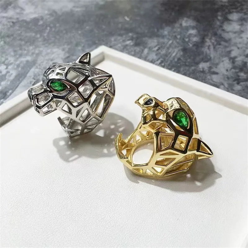 New Punk Style Tiger Head with Green Eyes Hollow Design Zircon Ring 925 Silver Wedding Party Jewelry Accessories for Women