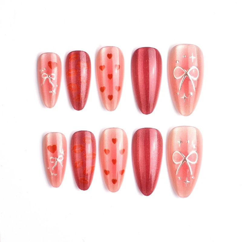 

24PCS Sweet Strawberry Star Bow Press on Acrylic Nails Almond Pink Kawaii Cute Love False Nails for Women Girls Fake Nails 네일팁투명