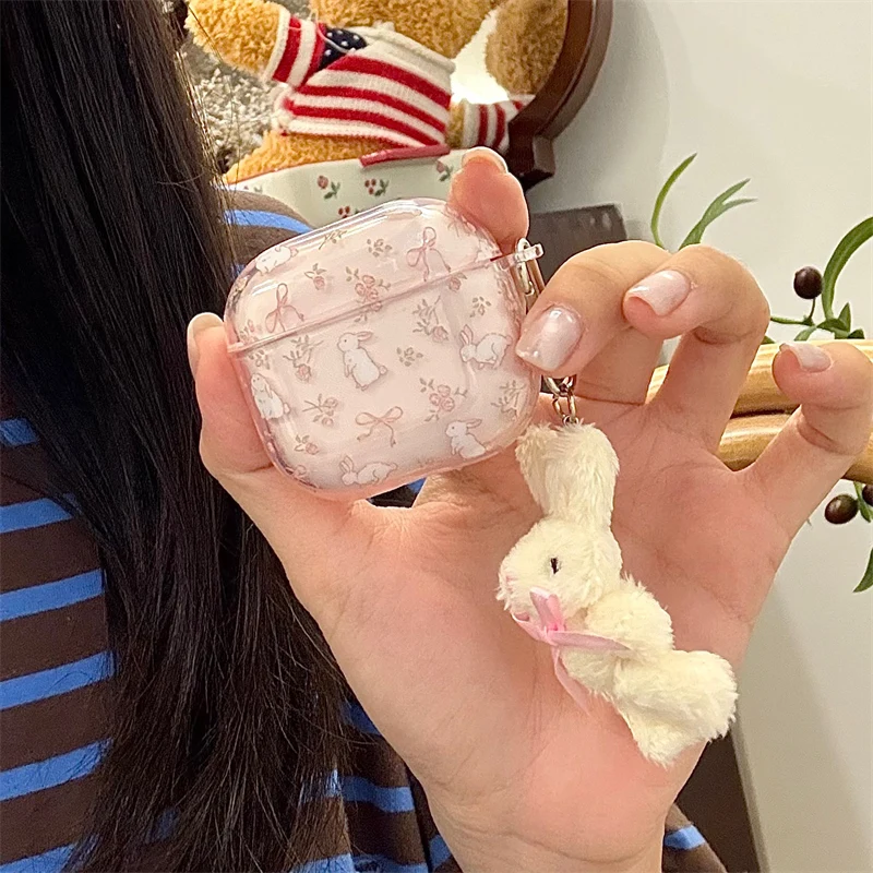 

Korean Cute Rabbit Earphone Case For Apple Airpods 4 3 2 Pro 3 Cover with Plush Rabbit Pendant Silicone Headphone Charing Cases