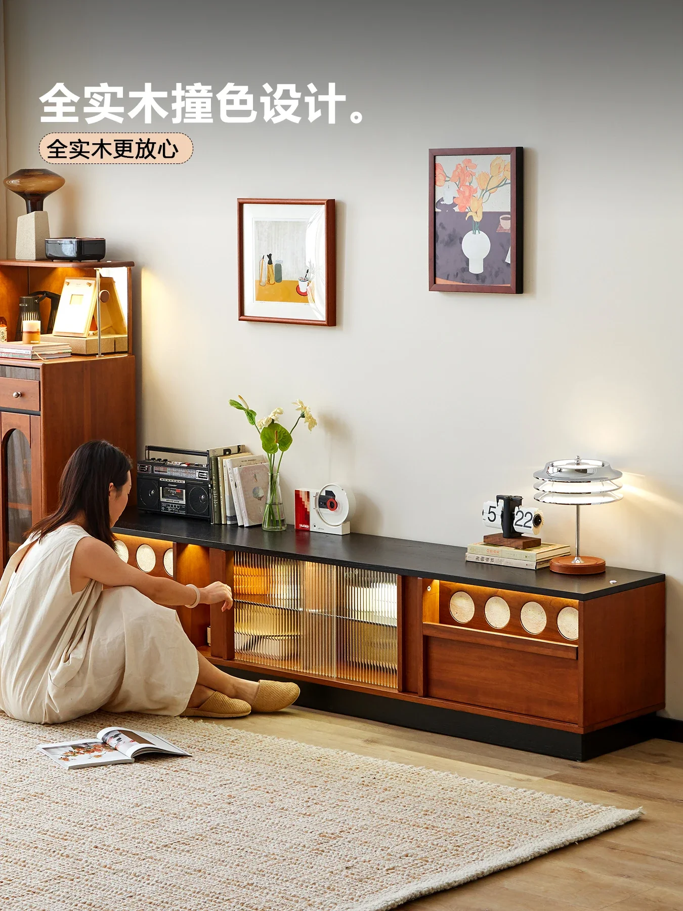 

yj32 Retro solid wood living room storage floor cabinet medieval boxwood floor cabinet small apartment