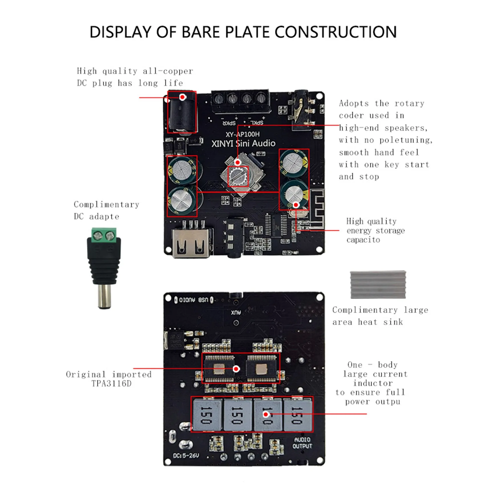 Placa amplificadora de Audio Digital TPA3116D2, dispositivo de Audio estéreo Dual con Bluetooth 100, 100W + 5,0 W, Amplificador AUX, XY-AP100H