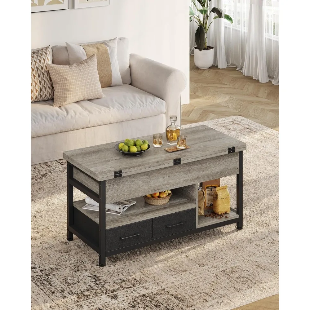 table basse relevable, table à manger avec plateau pliant, avec 2 tiroirs, avec étagère de rangement et compartiment caché, coffre extensible