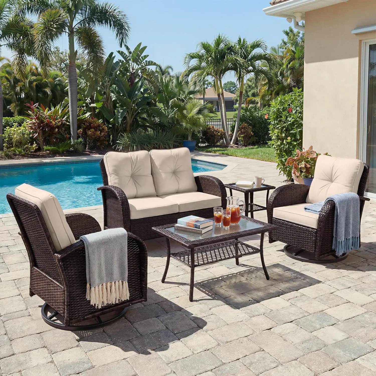

5 Pieces Patio Furniture Set, High Back Wicker Outdoor Loveseat Sofa Set with Swivel Chairs, All