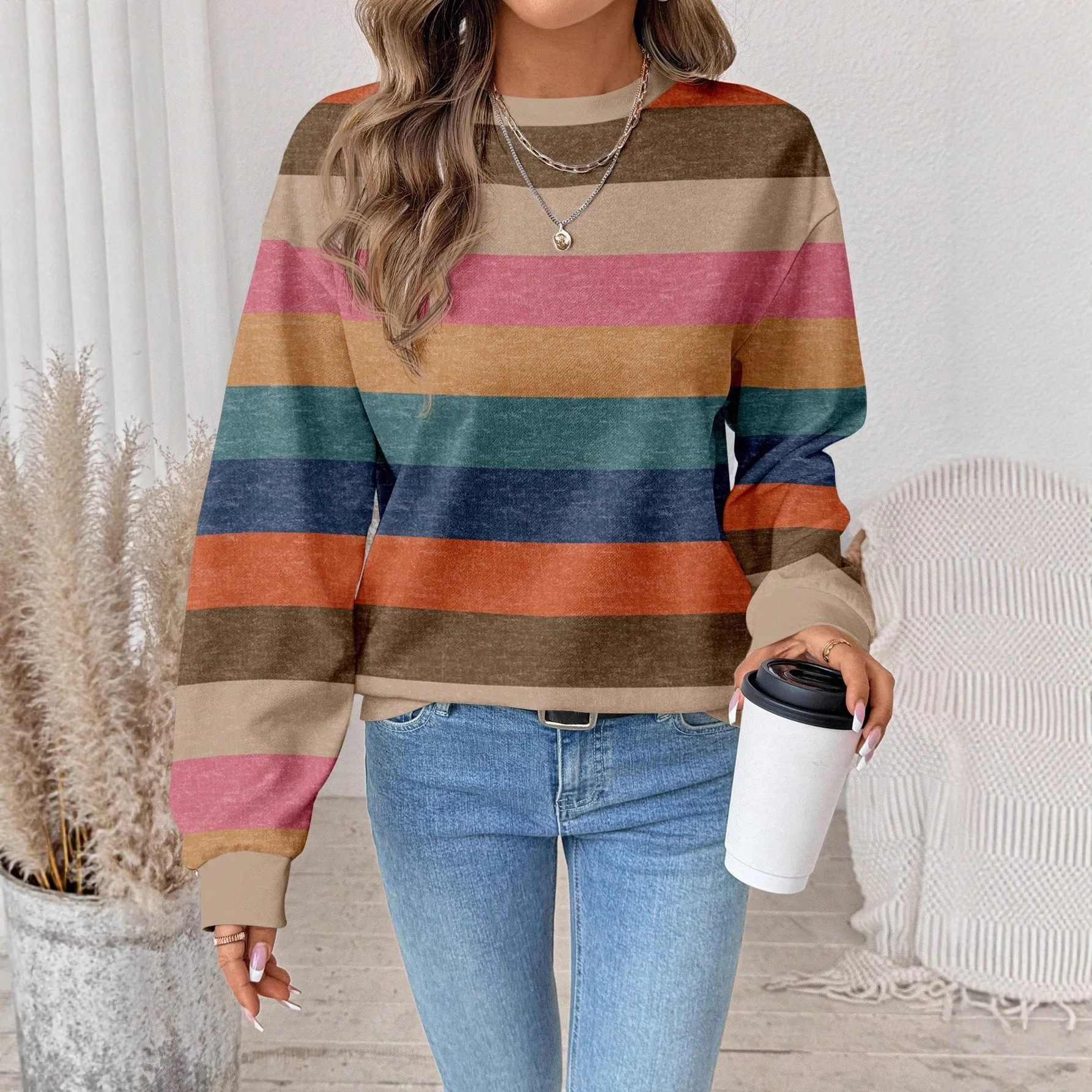 Picture 3: Women's Striped Crew Neck Sweatshirt Long Sleeve Loose Fit Pullover Top with Ribbed Cuffs Casual Fall Autumn Blouse