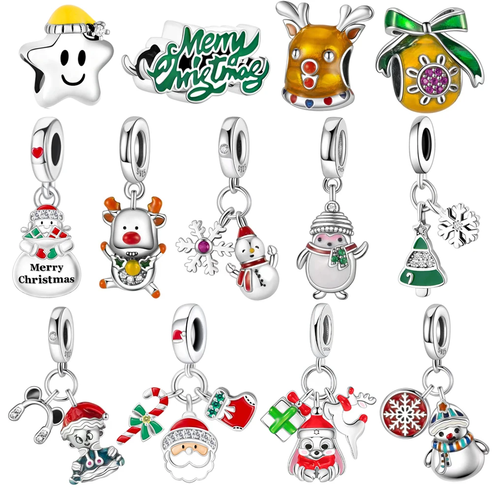 Hot Sale Silver Plated Elk Santa Claus Snowman Charms Beads Fit Pan Bracelet Making For Woman Christmas Jewelry Fashion Pendant