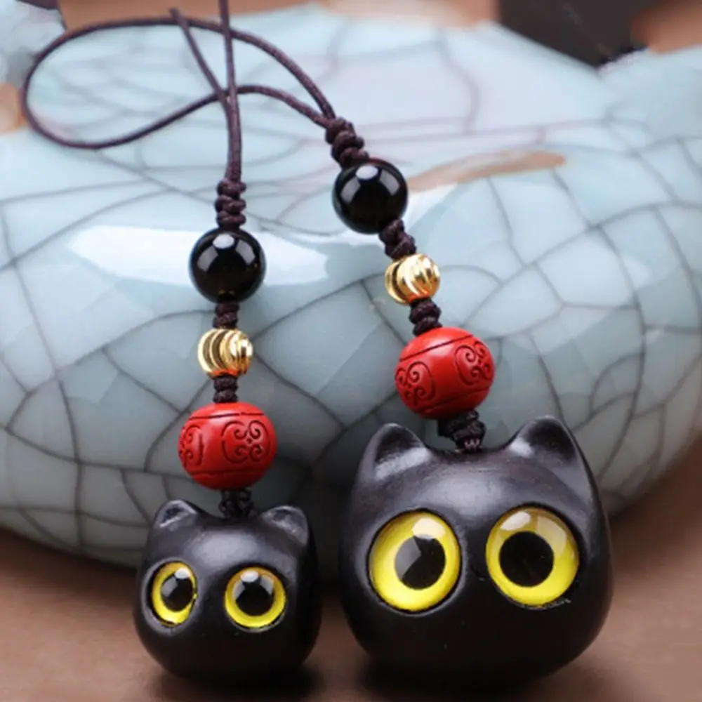 Short Lanyard Phone Pendent Chinese Style Pendant Mobile Phone Ring Key Chain Strap Sandalwood Key Chain Lucky Cat Pendant