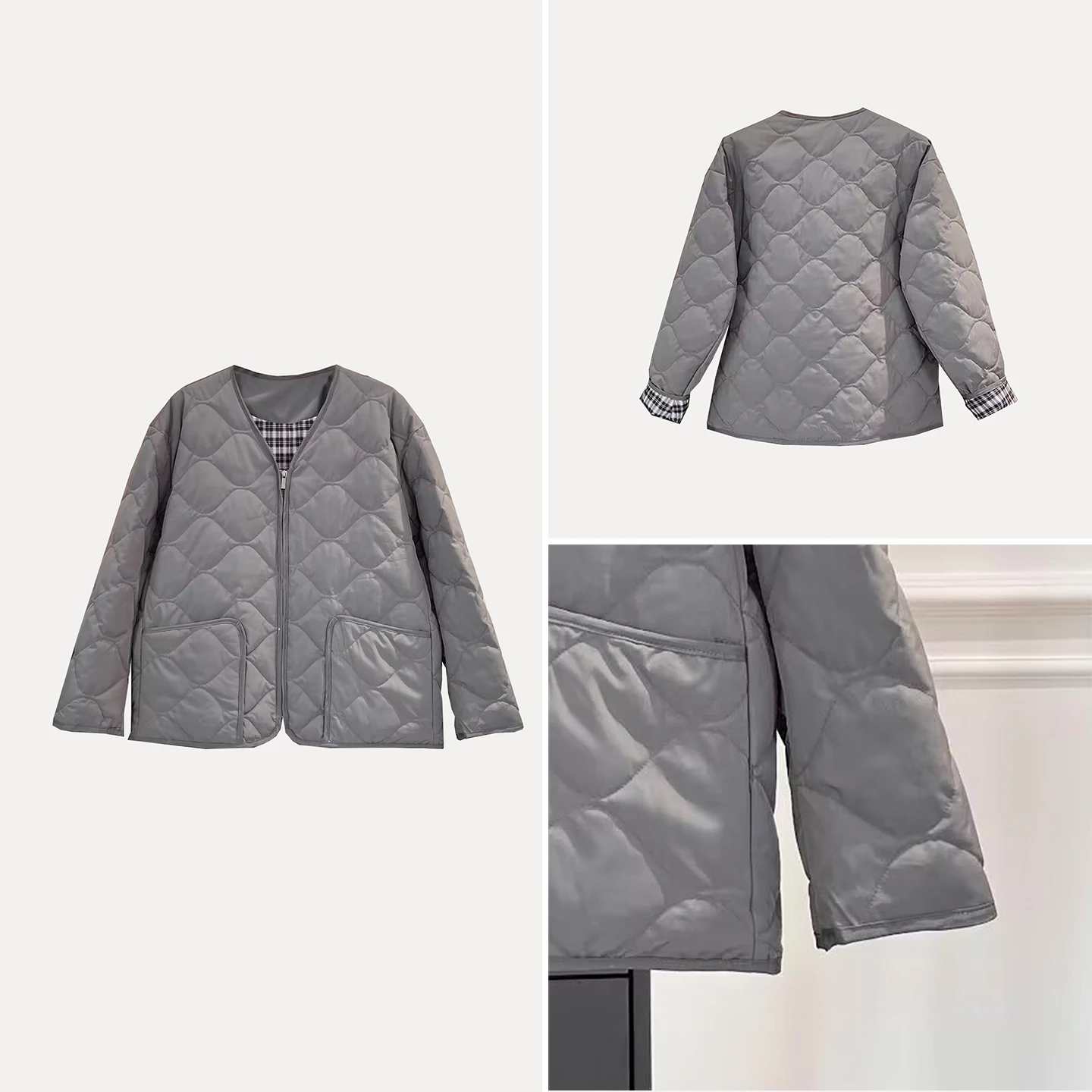 

Женское повседневное модное пальто Ele, осенняя коллекция 2025, однотонное, с ромбовидным узором, длинными рукавами, на молнии, из хлопка