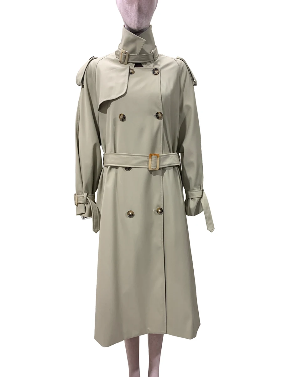 Nerazzurri Spring Autumn Long Trench Coat for Women Belt Double Breasted Elegant Chic Luxury Designer Fashion Overcoat Clothes