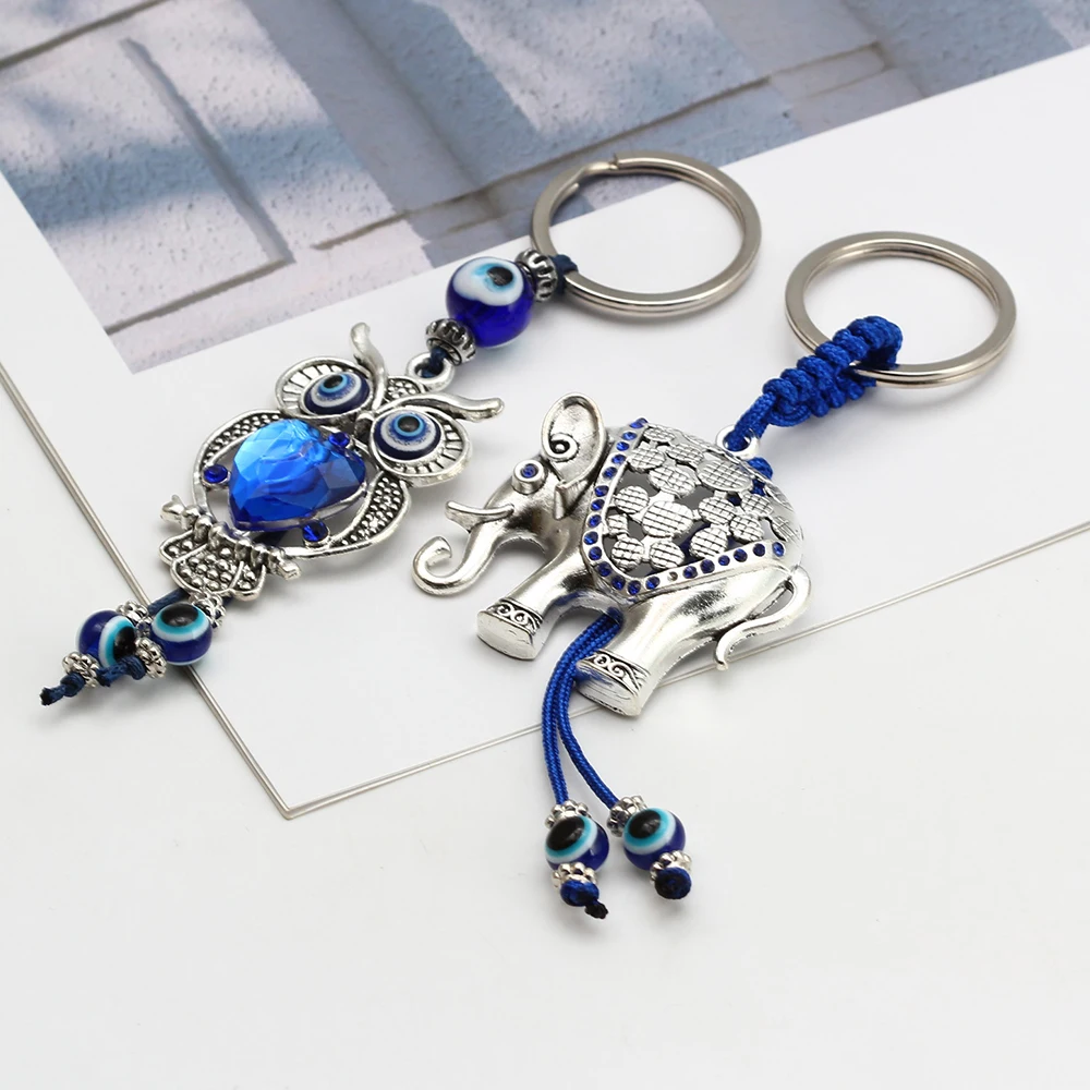 Lucky Eye Alloy Elephant Owl Pendant Keychain Blue Turkish Evil Eye Bead Key Chain Handmade Car keyring for Women Men BE683