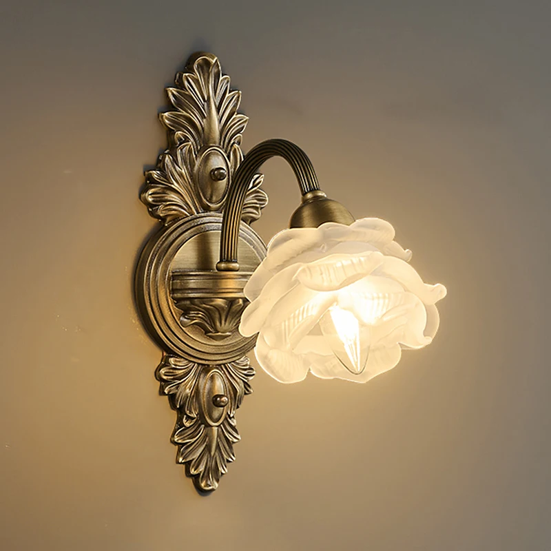 

Retro Copper Wall Lamp Bedroom Bedside Medieval Style Living Room Background Flower Led Lighting