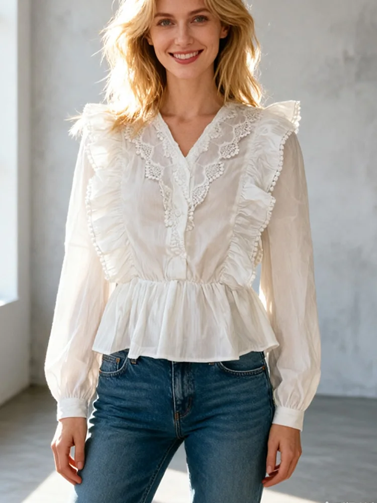 

New Fashion Lace Splice Long Sleeve Women's Shirts Office Lady Elegant V Neck Tops Casual Loose Solid Color Women Blouse