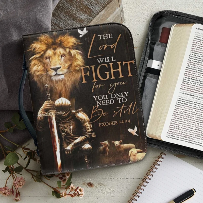 Lion Knight casing penutup ayat inspirasional pria, cetak pribadi Gereja Alkitab tas tangan PU buku belajar kotak penyimpanan suci untuk pria