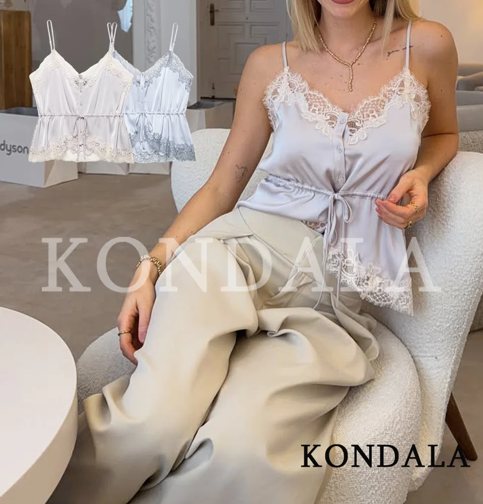 KONDALA Damen Spitzen-Satin-Trägertops Elegante Urlaubs-Schnürtops Neu 2026 Frühling Sommer Trendige High-Street-Strand-Damentops