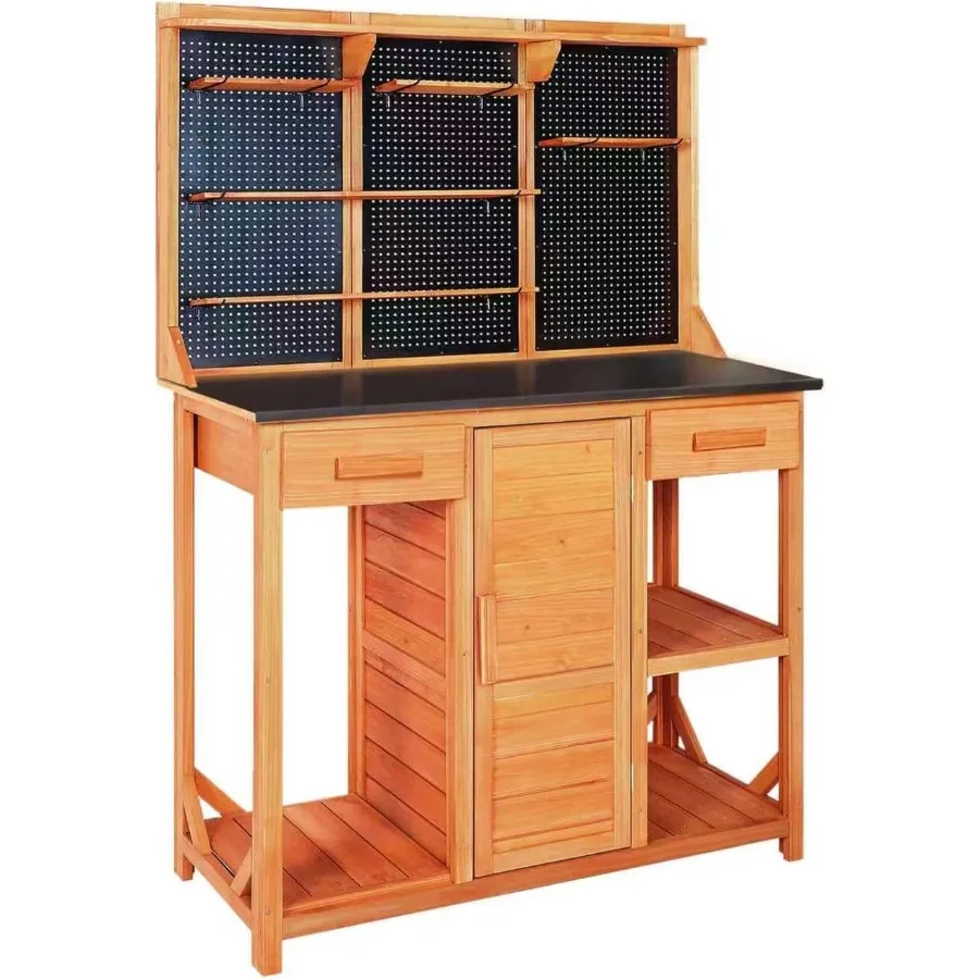 Outdoor Garden Potting Bench, Horticultural Wooden Workstation Table with Storage Drawer, Cabinet, Metal Pegboard, Adjustable H