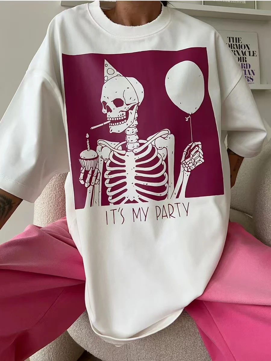 

Skull Birthday Party Print Summer Cotton Abstract Printed T-shirt Women's O-Neck Loose Short Sleeved Female Casual Hip Hop Top