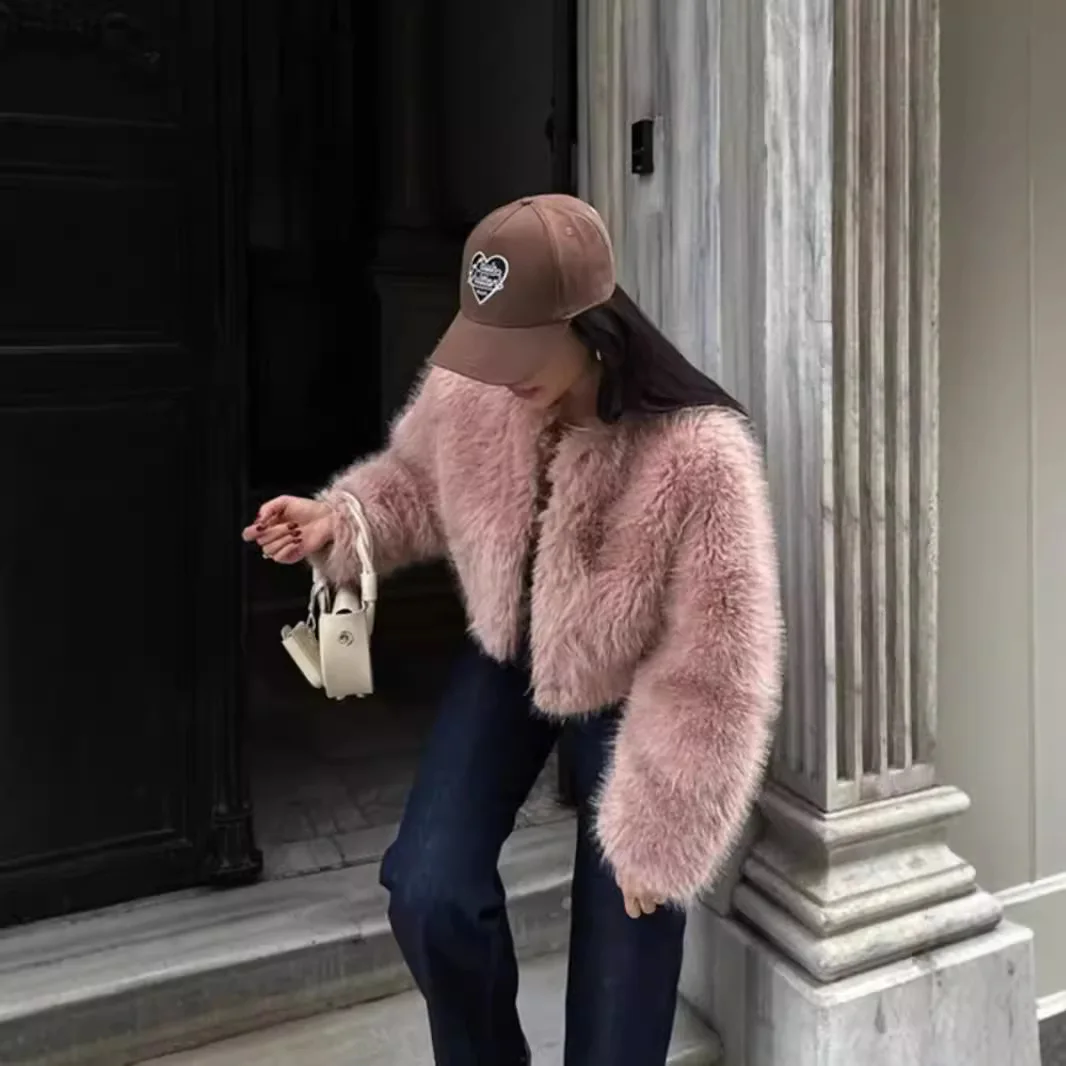 Kurtka damska zimowa z imitacji futra, okrągły dekolt, krótka kurtka z imitacji futra norek, kurtka z długim włosiem ze sztucznego futra dla kobiet.