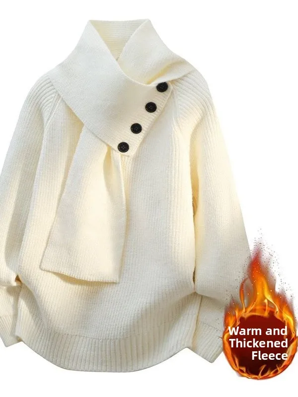 

Мужской вязаный свитер на флисовой подкладке со съемным шарфом, повседневный, утепленный, удлиненный, с высоким воротником, базовый слой