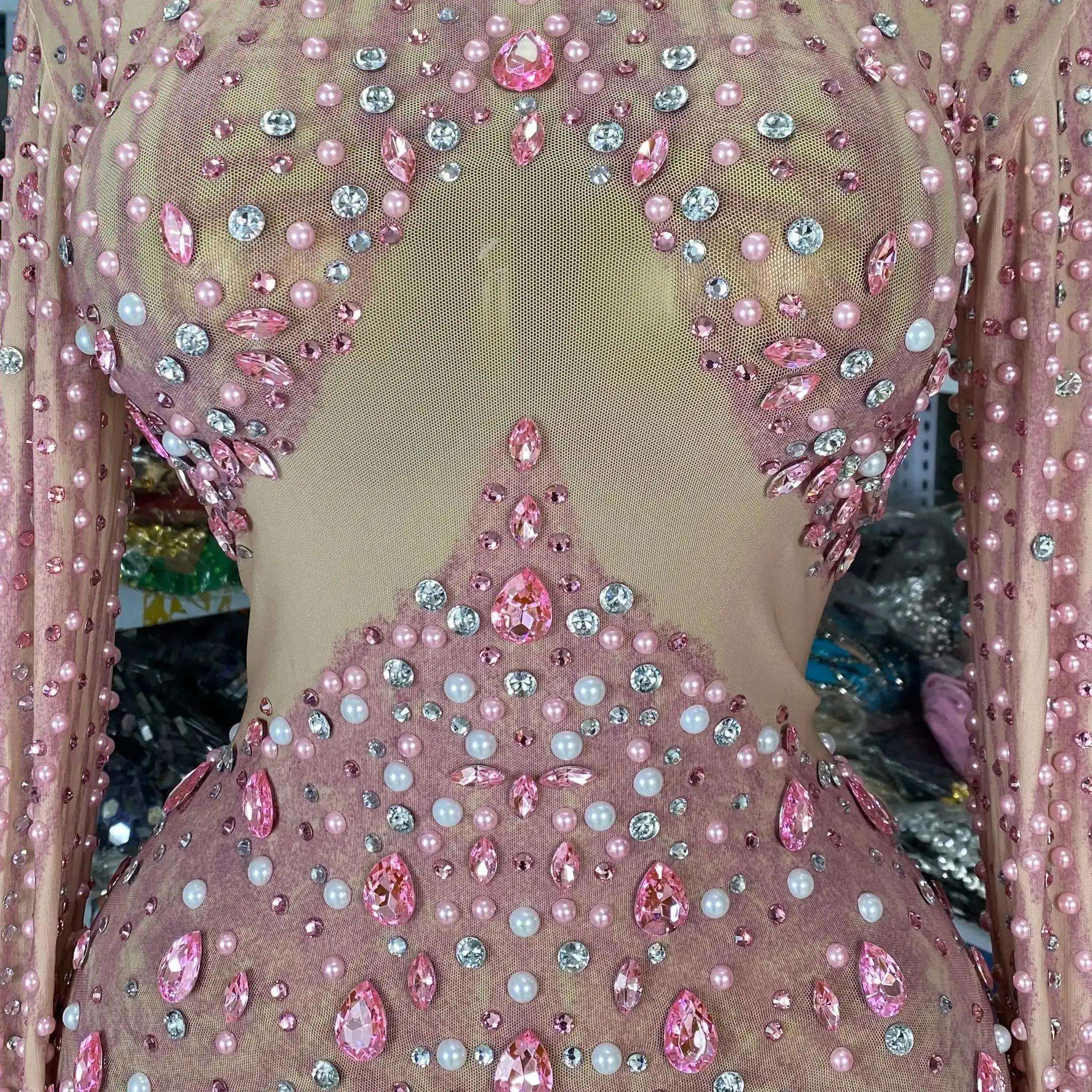 

Wholesale Women Sparkly Pink Rhinestones See Through Long Bodycon Celebrity Evening Club Party Birthday One Piece Gala Dress