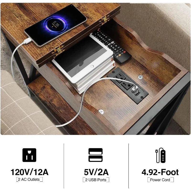 End Tables Living Room Set of 2 with Charging Station, Flip Top Side Table with USB Ports and Outlets, Couch Side Tables