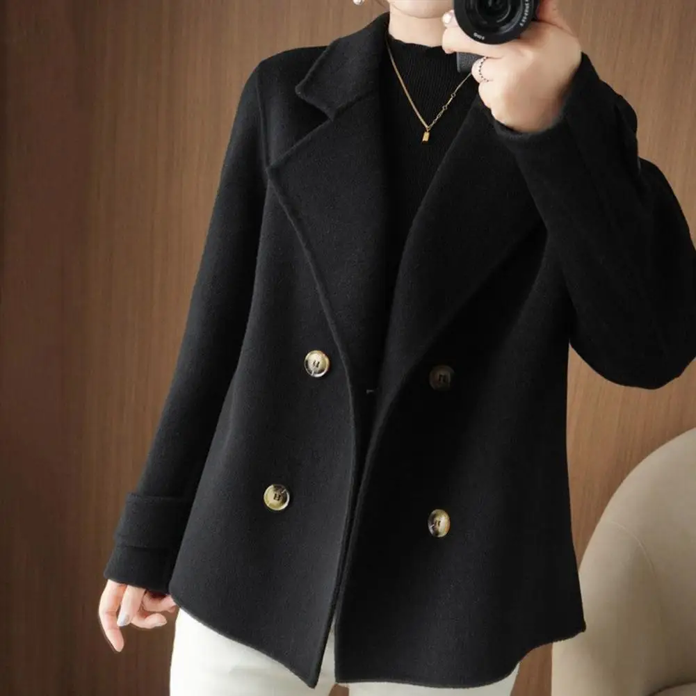 Short Double-breasted Woolen Coat Korean Fashin Ladies Jacket Buttons Lapel Notch Collar Long Sleeve Casual Trench Coat Outwear