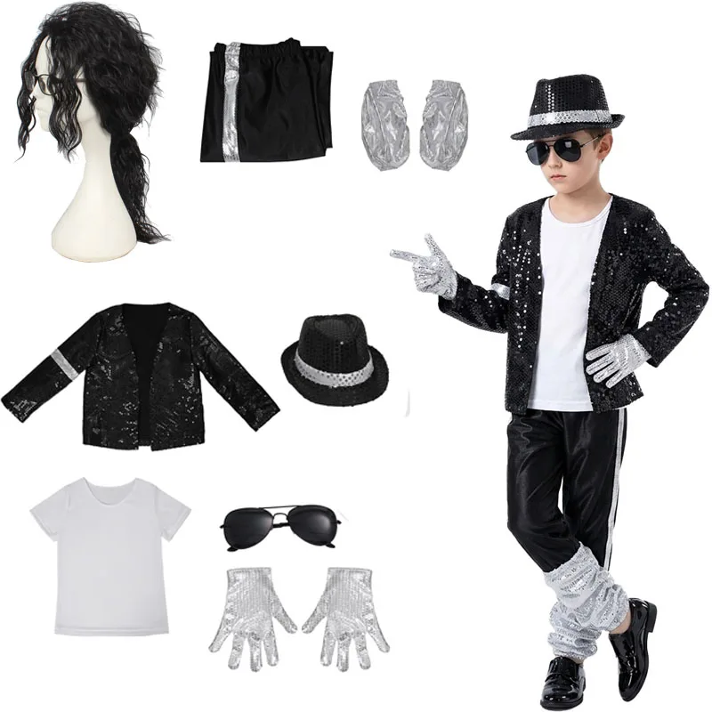 Michael Jackson Bühnenkostüm für Kinder, Cosplay-Geburtstagsparty-Tanzoutfit, Pop-Star-Kostüm für Jungen und Mädchen