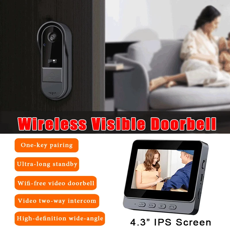 smart-home-security-visual-doorbell-43in-screen-wireless-intercom-door-bell-waterproof-night-vision-hd-video-doorbell-camera