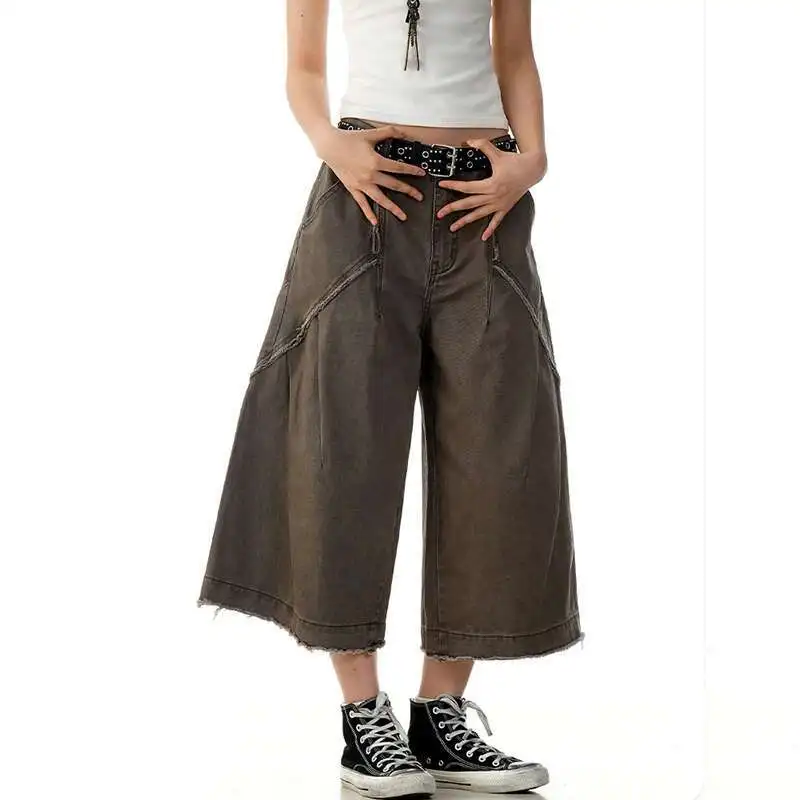 Men's High Street Cargo Shorts American Straight Tube Washed Worn-out Pocket Solid Color Overalls Over Knee Length IU9X