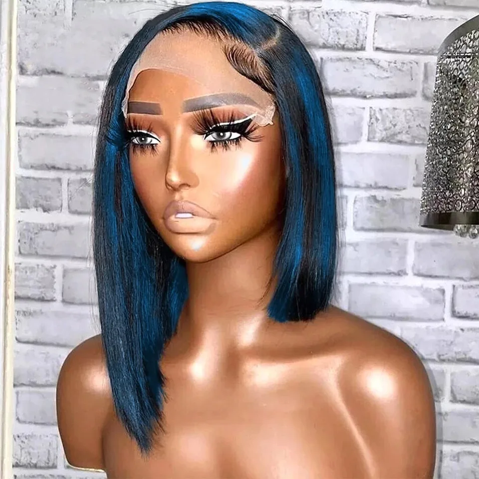 

Черно-синий Выделенный Короткий Боб Прямой Парик Фронта Шнурка Синтетический 13x4 HD Боб Парики Фронта Шнурка Термостойкие Ежедневный Косплей