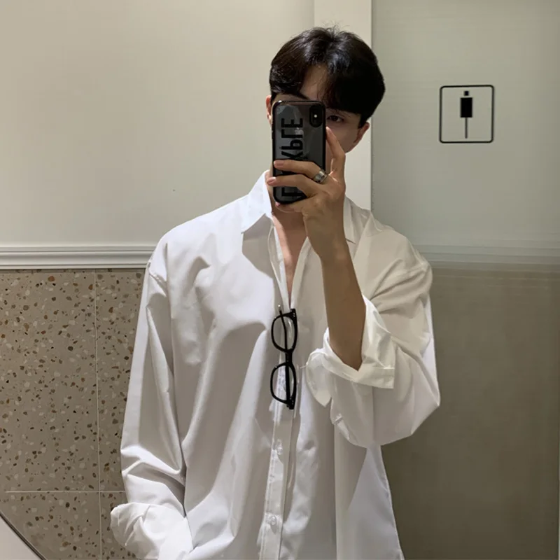 Long shirt New Solid Loose Boyfriend Blouse Korean Shirt Men Gray White Black Turn Down Collar Casual Oversized Shirt Handsome