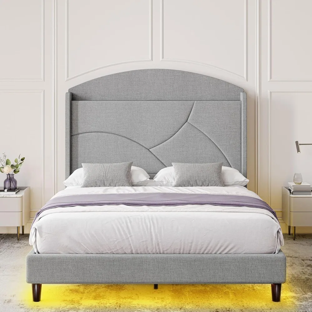 

BELLEZE Queen Size Bed Frame with Type-C & USB Ports, Upholstered Platform Bed Frame with Wingback Shelf, Headboard Storage, LED