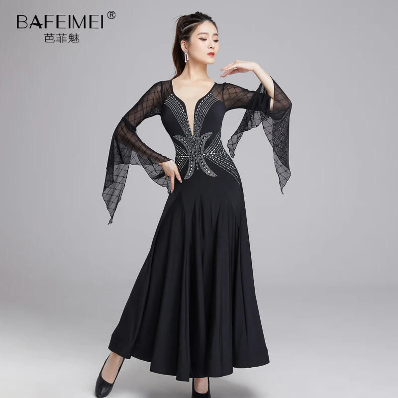 Vestido de dança moderna latina feminino, novo vestido de dança de salão, valsa, manga de chifre, grande vestido de performance de prática 9026