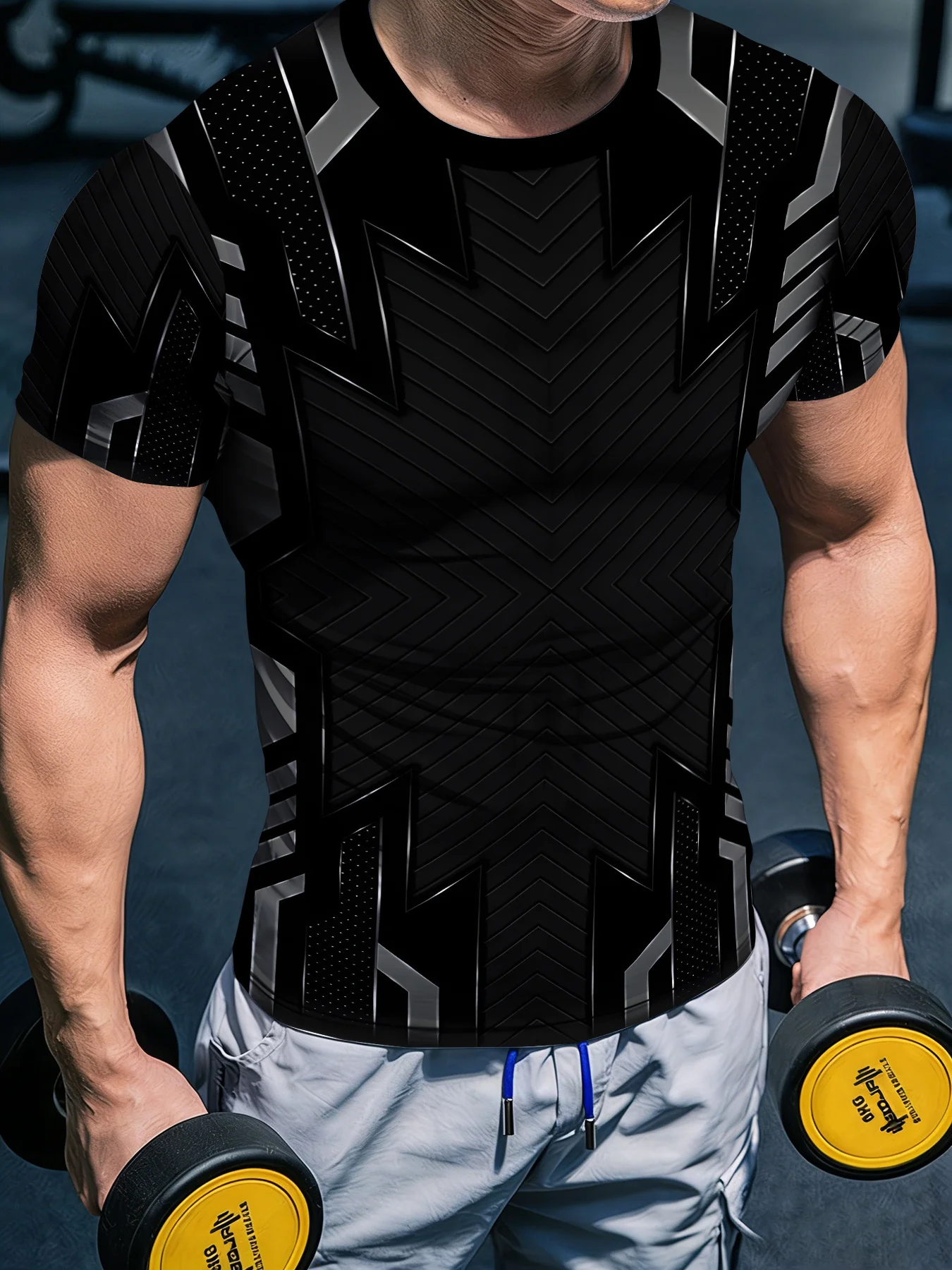 Men Quick Dry Compression Short Sleeve Tee, Black Gray Futuristic Geometric Back Print