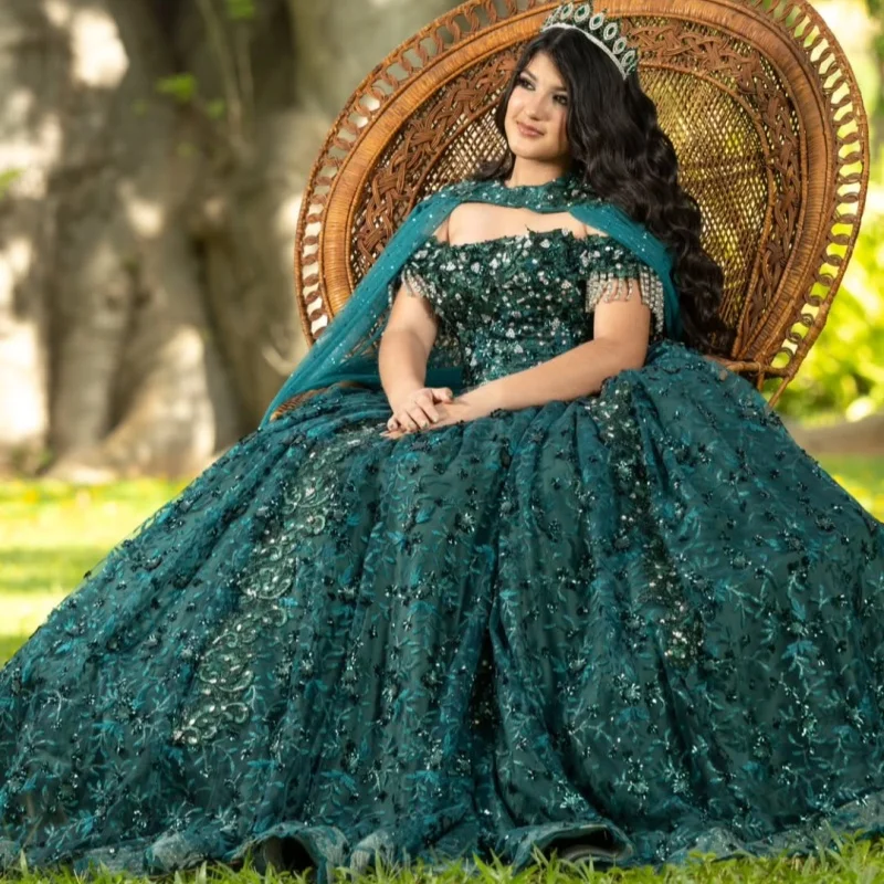 

Блестящее темно-зеленое платье Quinceanera с плечами, кружевное многослойное платье с кристаллами и блестящими наклейками, платья de 15, Quinceanera ﻿ Индивидуальный