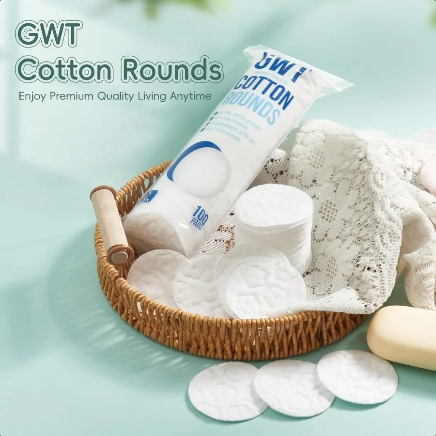 GWT Premium-Baumwollrunden für das Gesicht, 100 % reine, fusselfreie Wattepads, weicher, saugfähiger Make-up-Entferner, hypoallergen, mehrlagig, 100 Cou