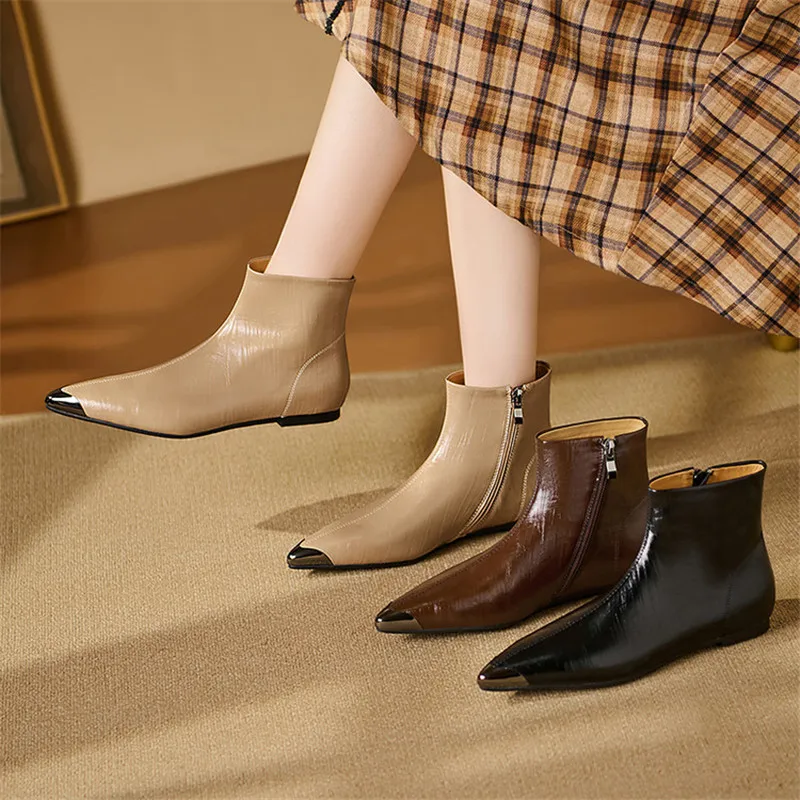 New Autumn/winter Split Leather Women Boot Metal Pointed Toe Shoes for Women Fashion Boots Low Heel Short Boots Chelsea Boots