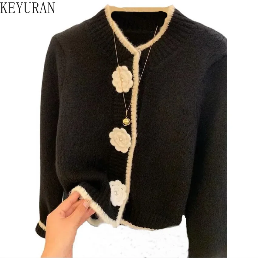 Vintage Chic Flower Sweater Women Autumn Winter Korean Fashion V-Neck Long Sleeve Temperament Gentle Soft Knitted Cardigan Mujer